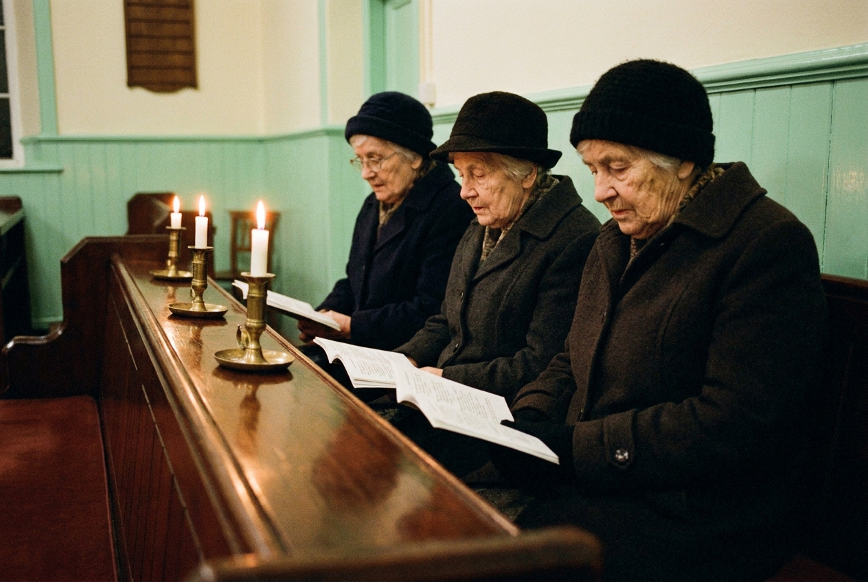 The back pew of Capel Bethel chapel on a December evening, three older women in coats with hymn-sheets.