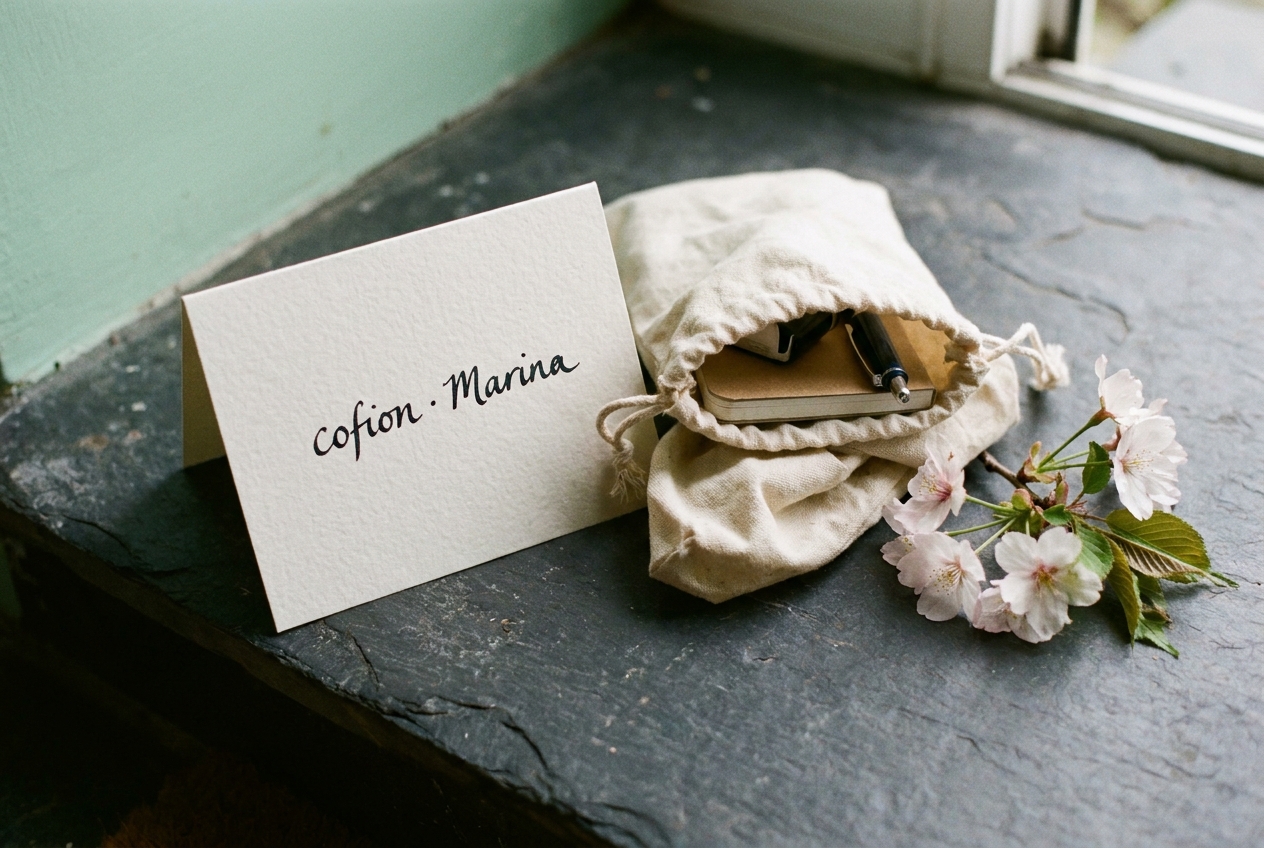 A folded card with 'cofion · Marina' written on it, beside a small bag of essentials, on a slate doorstep.