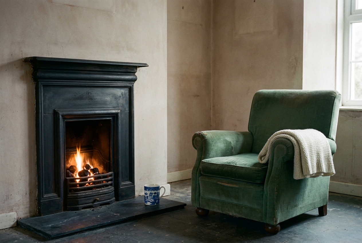 A small coal fire in a Deiniolen front-room fireplace with a green velvet armchair beside it.