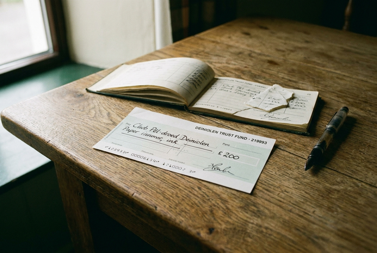 A personal cheque on the table at Deiniolen Memorial Hall, made out to Clwb Pêl-droed Deiniolen.
