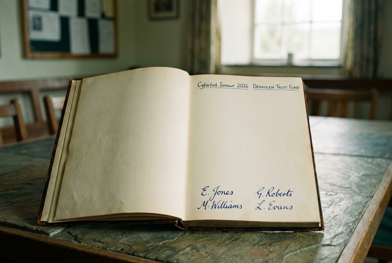 An open minute book with the page header 'Cyfarfod Ionawr 2026 · DEINIOLEN TRUST FUND'.