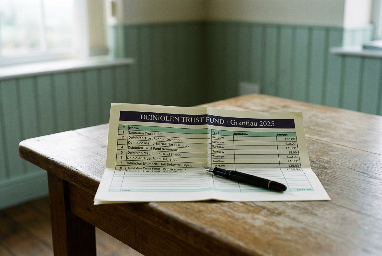 The trust's 2025 grants spreadsheet, header reading DEINIOLEN TRUST FUND · Grantiau 2025, nine numbered rows.