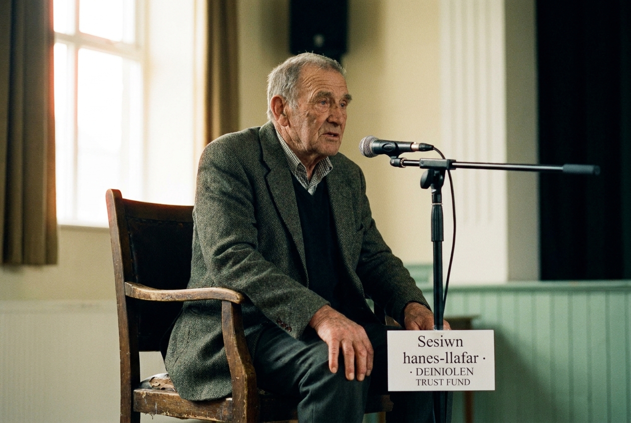 A retired Welsh quarryman speaking into a small microphone at the Memorial Hall after the walk.
