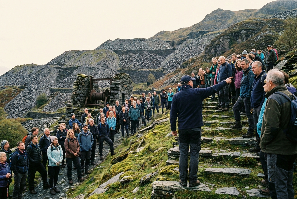 A group of about fifty villagers spread out along the quarry incline path.