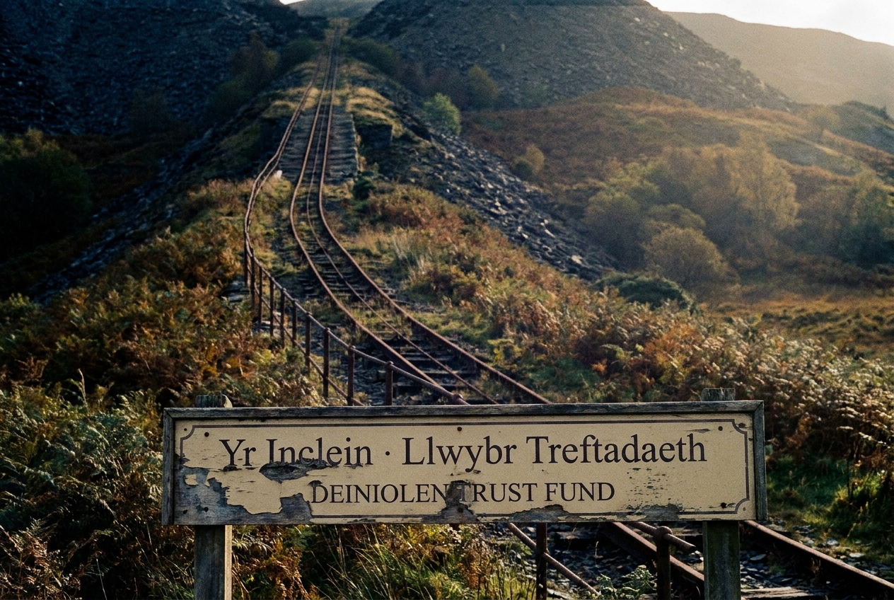 The disused slate incline of Dinorwig quarry with an interpretation board reading 'Yr Inclein · Llwybr Treftadaeth · DEINIOLEN TRUST FUND'.