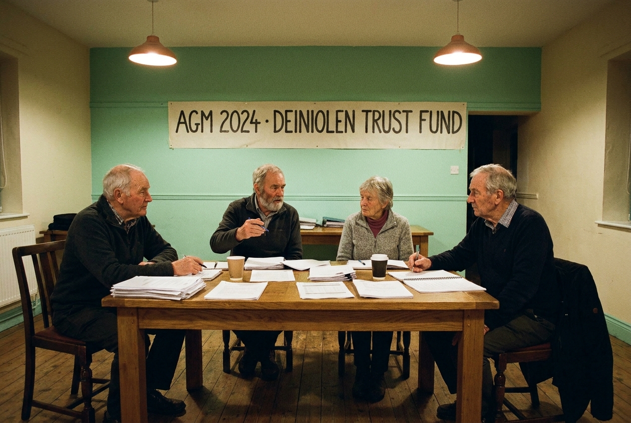 Four trustees seated around an oak table at the board meeting.