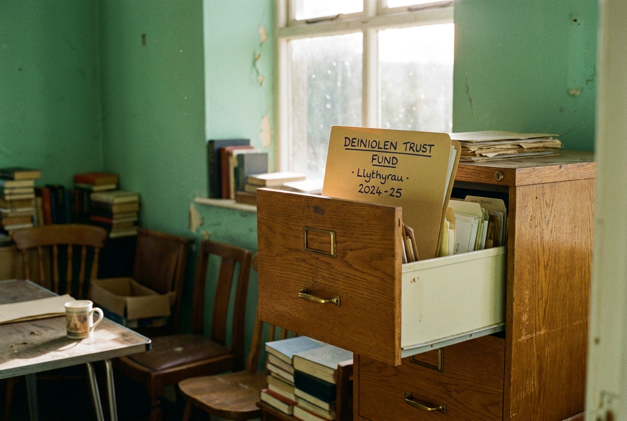 A varnished oak filing cabinet with a buff folder pulled out labelled DEINIOLEN TRUST FUND · Llythyrau · 2024-25.