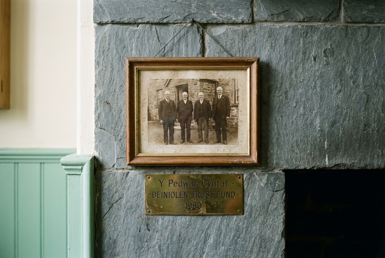 A small framed sepia photograph of the four founding trustees of DEINIOLEN TRUST FUND, hanging in the Memorial Hall.