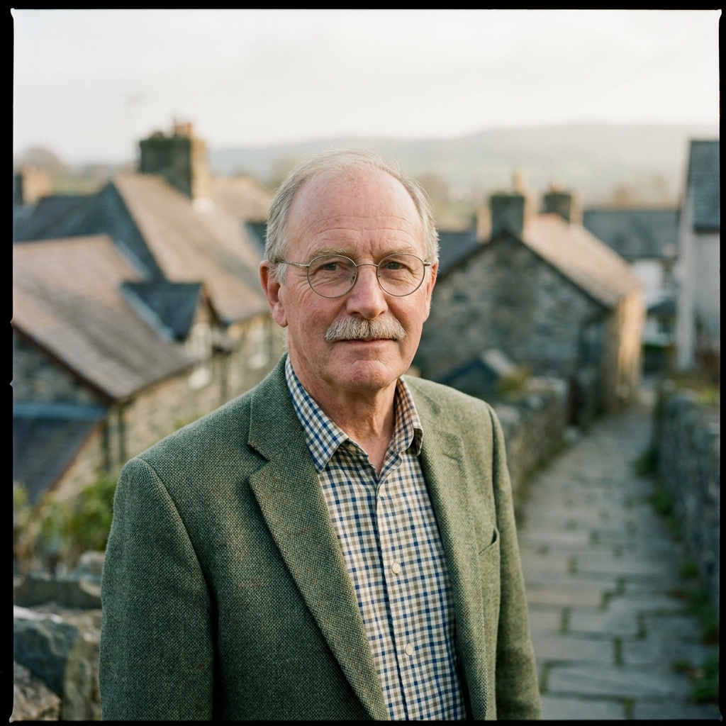 Bryn, 67, of Penisarwaun, in a tweed jacket on a slate path.