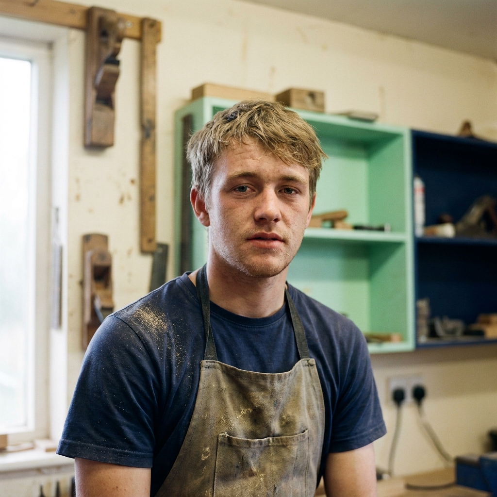 Dafydd, 19, of Brynrefail, an apprentice joiner in a workshop apron.