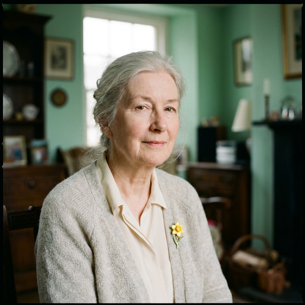 Eleri, 71, of Deiniolen, wearing a heather wool cardigan.