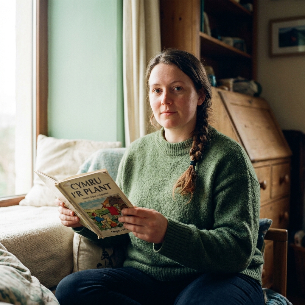 Megan, 33, of Deiniolen, holding a Welsh-language children’s book.