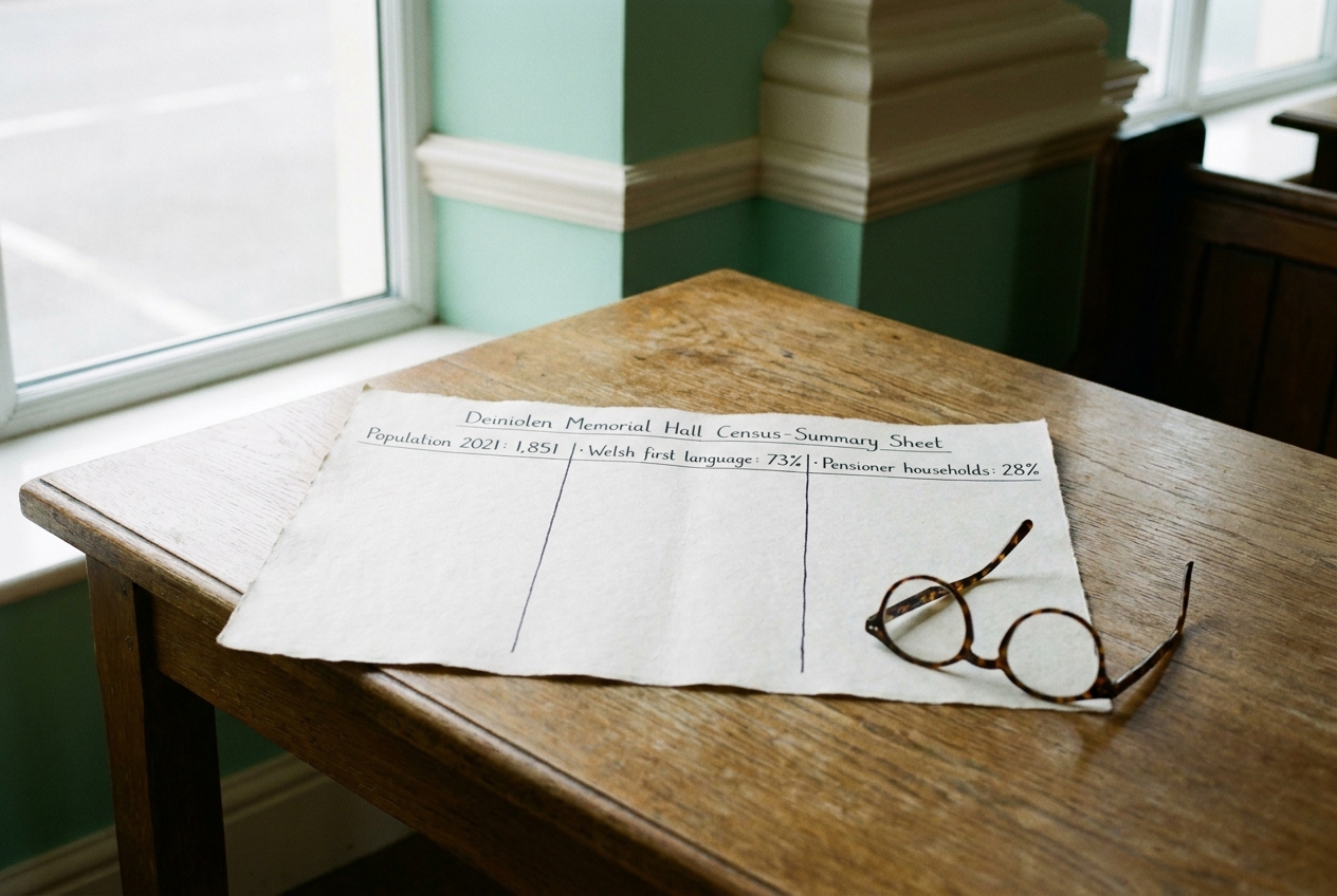 A handwritten census-summary sheet in fountain-pen ink on an oak table.