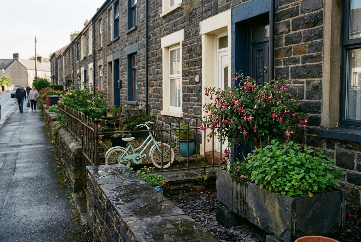 A row of slate-fronted terraced cottages on Deiniol Road.