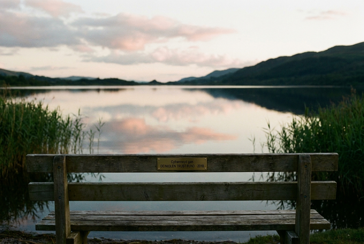 The reed-fringed edge of Llyn Padarn at sunset with a bench bearing a Trust plaque.