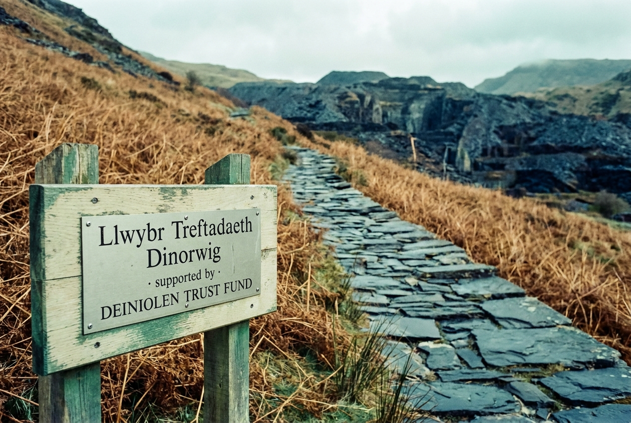 A slate-paved heritage trail above Deiniolen with a Trust interpretation board.