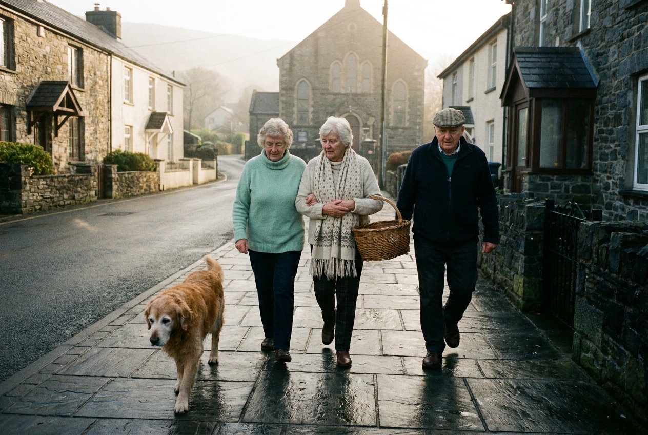 A small group of older villagers walking on a slate-paved street in Deiniolen.