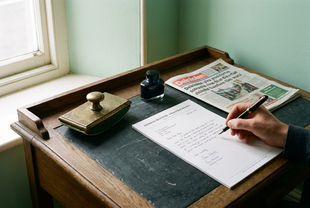 A slate-topped writing desk by a window with a half-written Trust reply and a brass blotter.