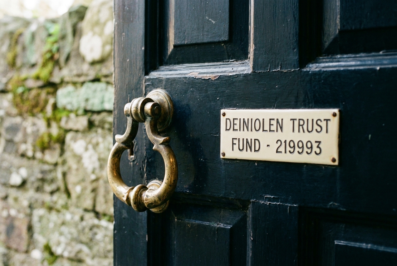 A brass door-knocker on a black-painted door with an enamel name-plate beside it.