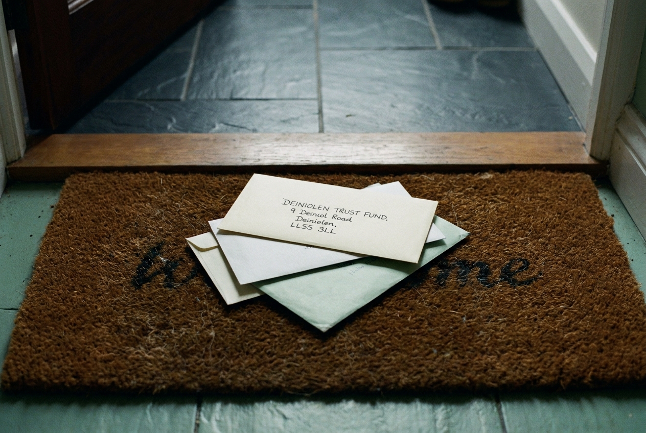 Envelopes from the Trust on a Deiniolen doormat.