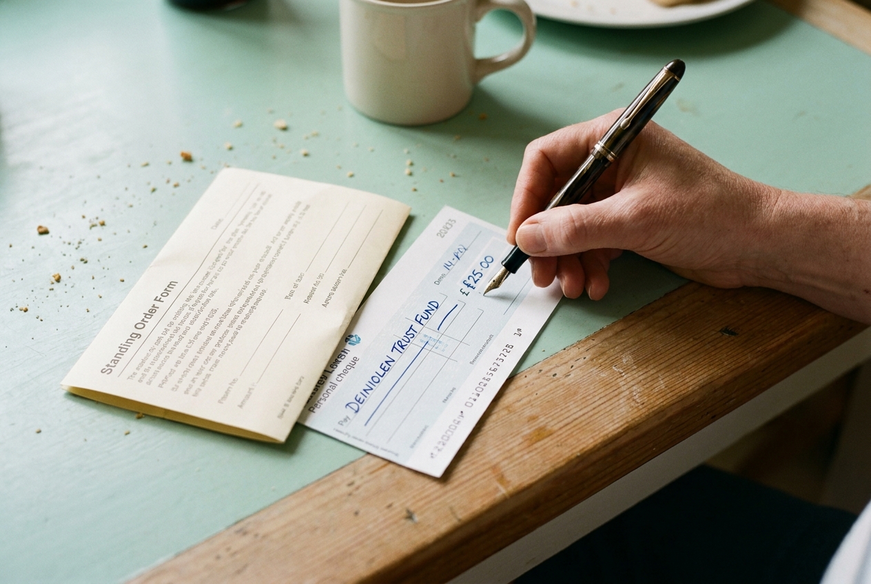 A personal cheque being made out to DEINIOLEN TRUST FUND.