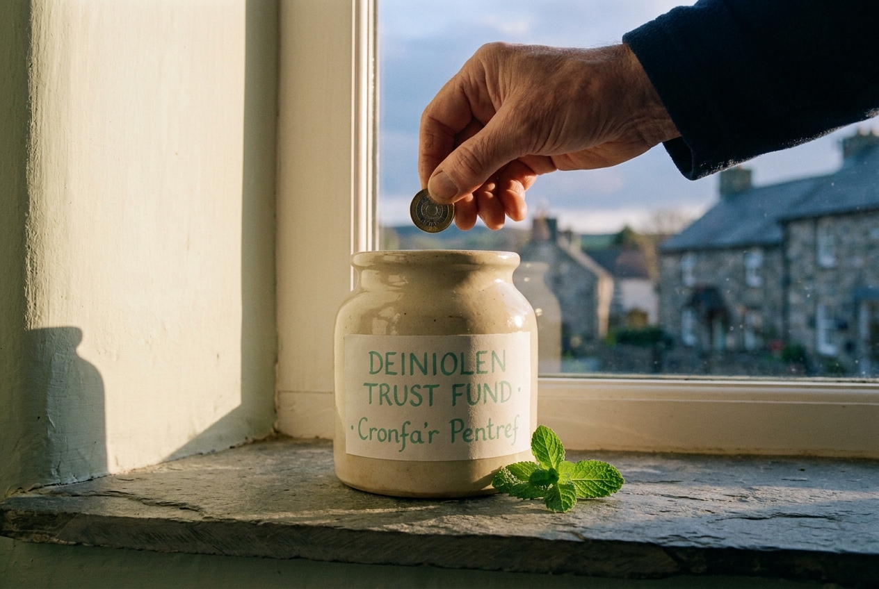 A hand dropping a £2 coin into the Trust's honesty-jar on a slate windowsill.