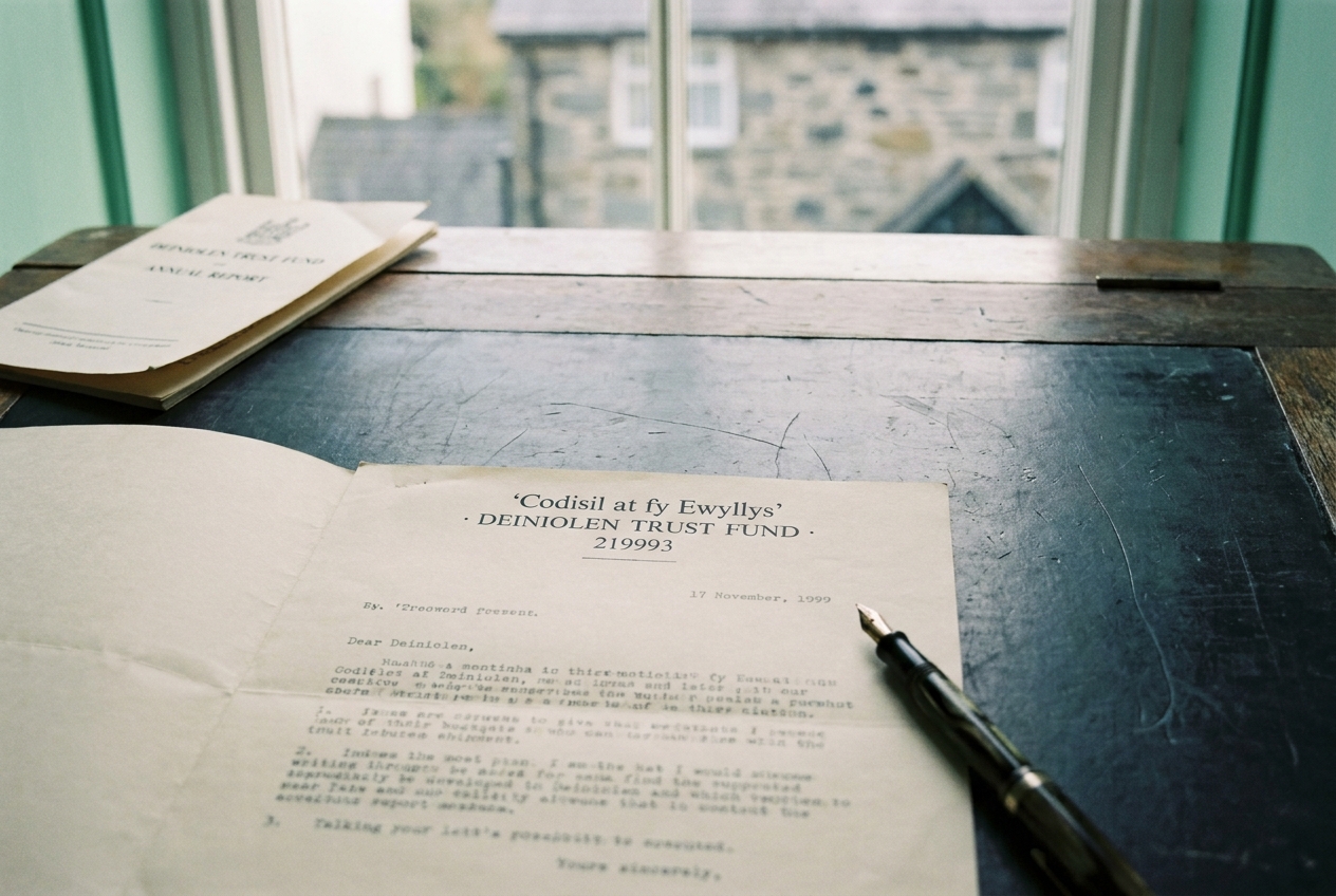 A typed legacy-pledge letter on a slate writing desk in Deiniolen.