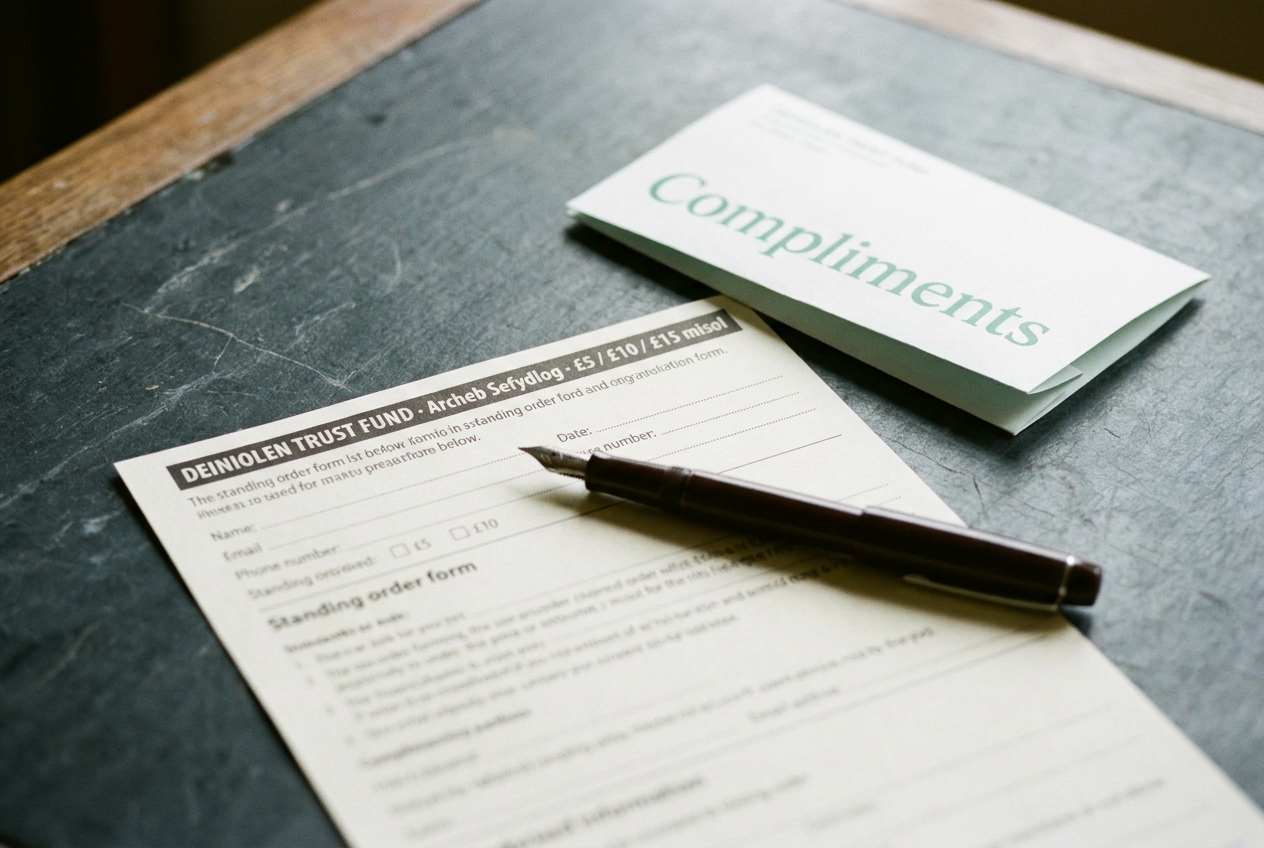 A standing-order form for the Trust on a slate desk.