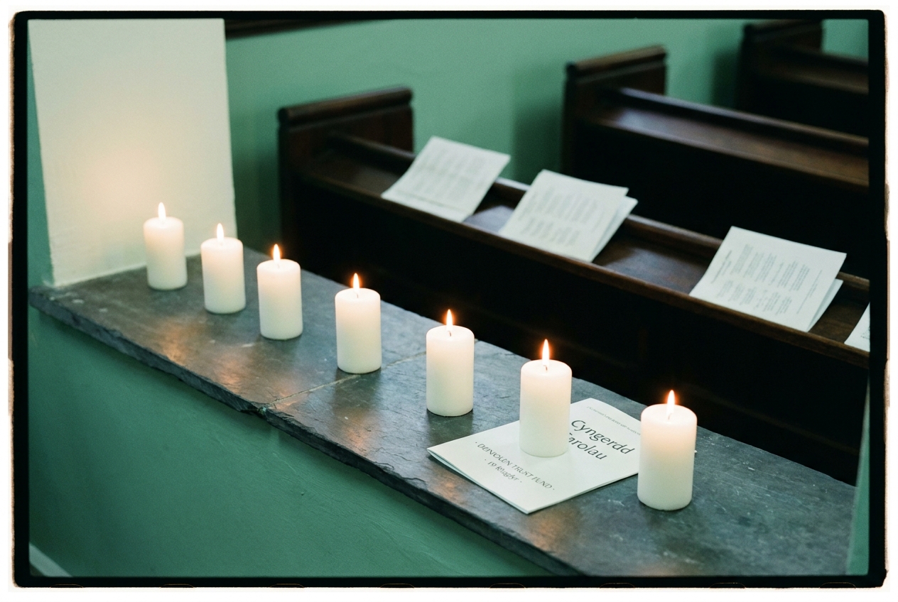 Seven white candles on the broad slate sill of Capel Bethel chapel with an order of service propped beside them.