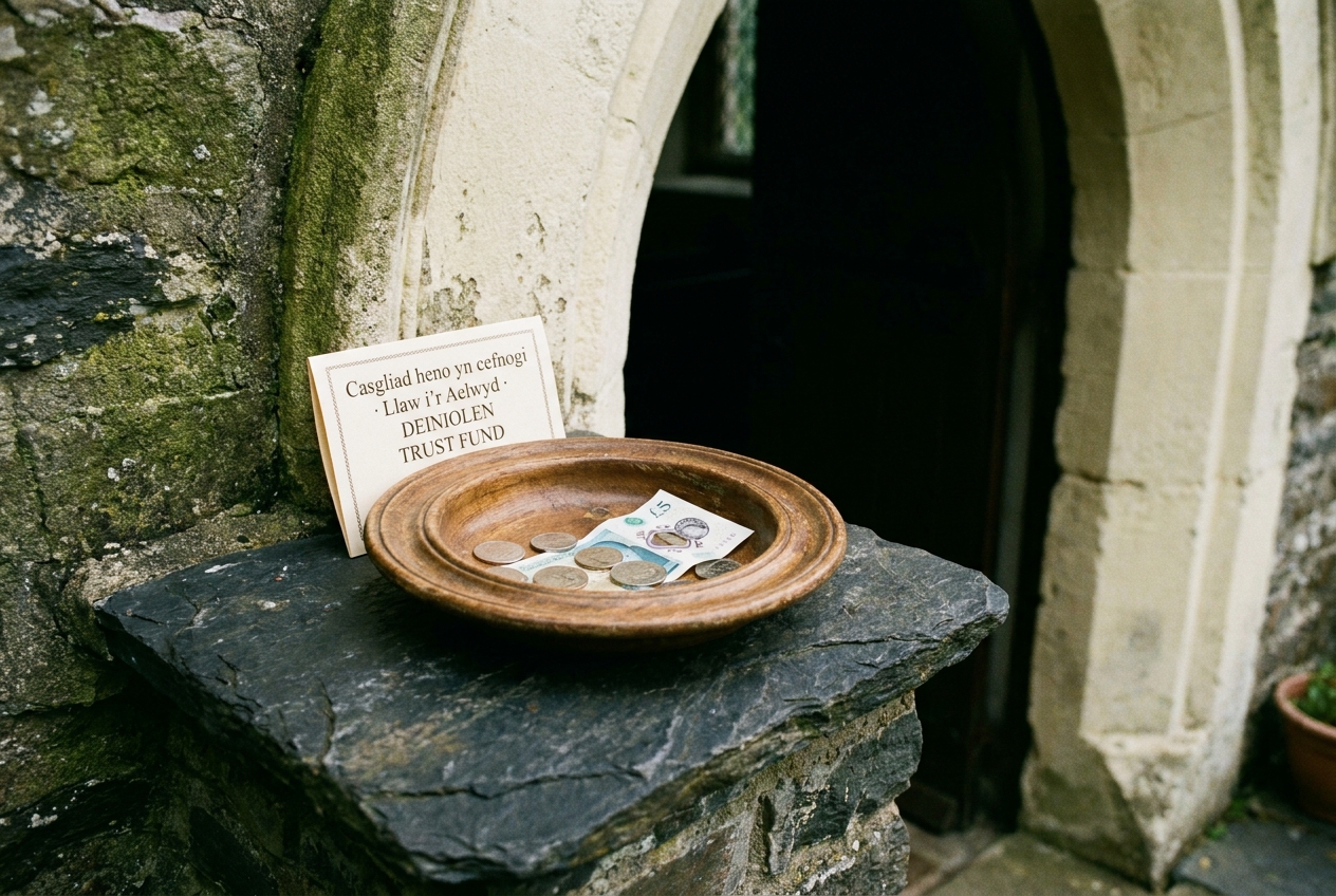 A wooden collection plate at the chapel door with a card reading 'Casgliad heno yn cefnogi Llaw i'r Aelwyd · DEINIOLEN TRUST FUND'.