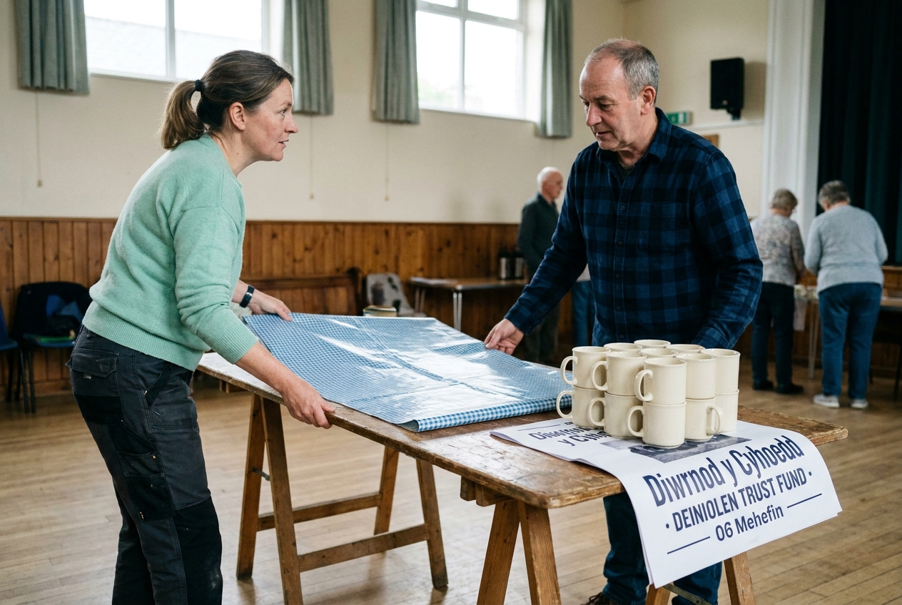 Two volunteers setting up a long trestle table in the Memorial Hall.