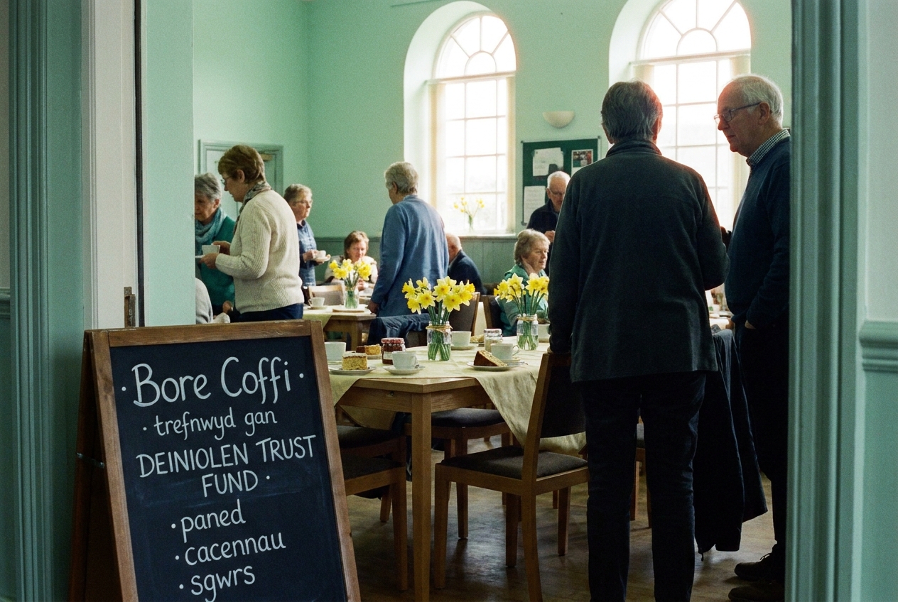 Spring coffee morning at Deiniolen Memorial Hall with daffodils on the tables.