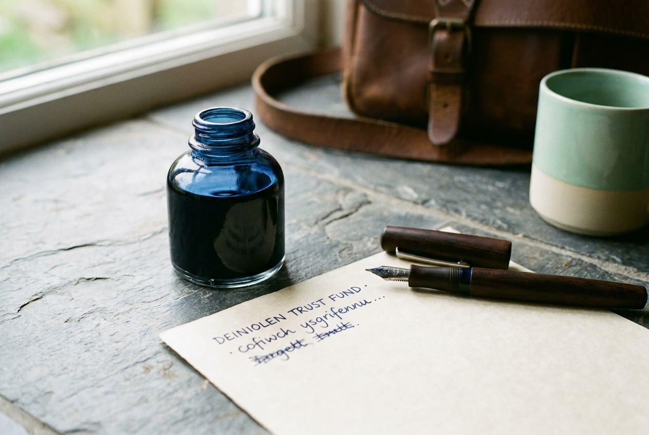 A bottle of midnight-blue fountain-pen ink with a half-written reply on Trust letter-headed paper.