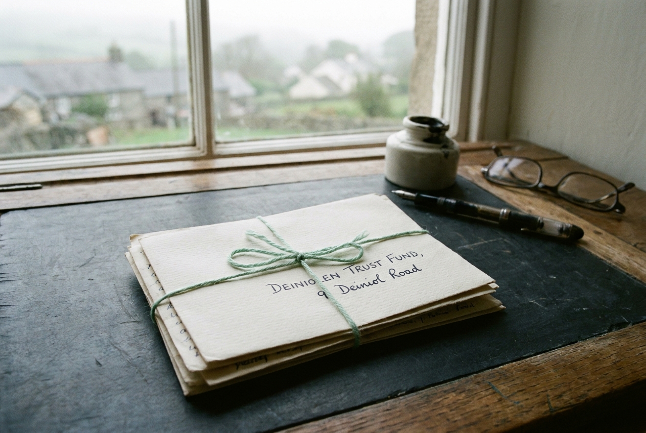 A small bundle of handwritten enquiry letters tied with mint twine on a writing desk.