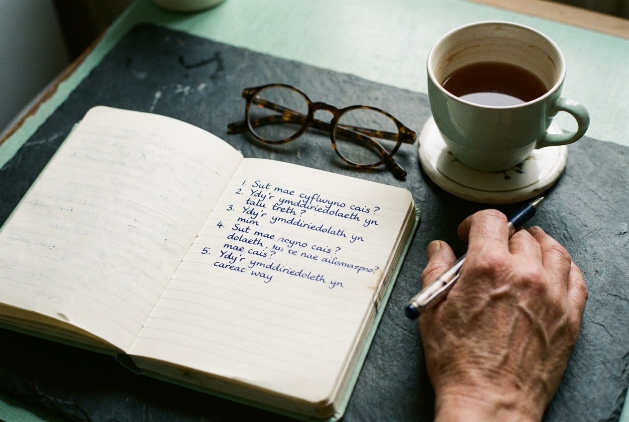 A notepad with a handwritten list of fountain-pen questions on a kitchen table.