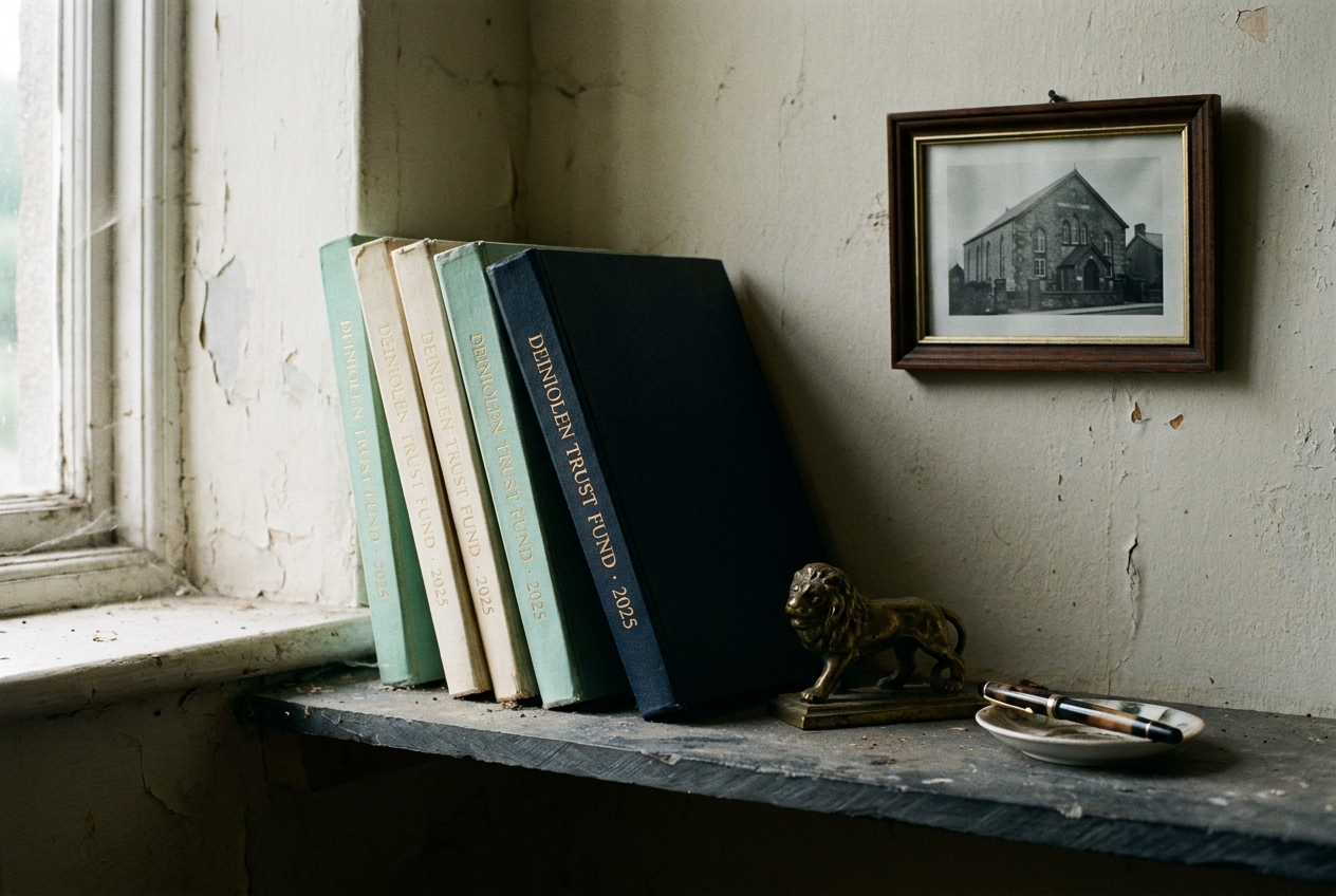 A slate shelf at the Memorial Hall holding seven slim hand-bound annual reports.