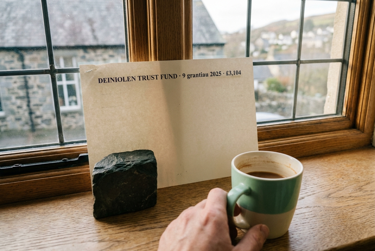 A printed grants summary sheet for 2025 propped on a Memorial Hall windowsill.