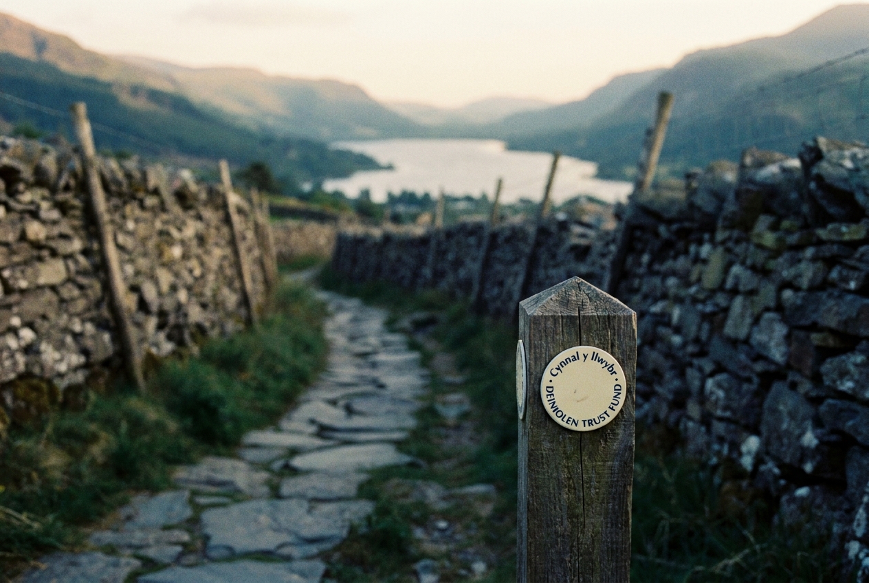 A slate-flagged footpath at the lower edge of Deiniolen leading toward Llyn Padarn.