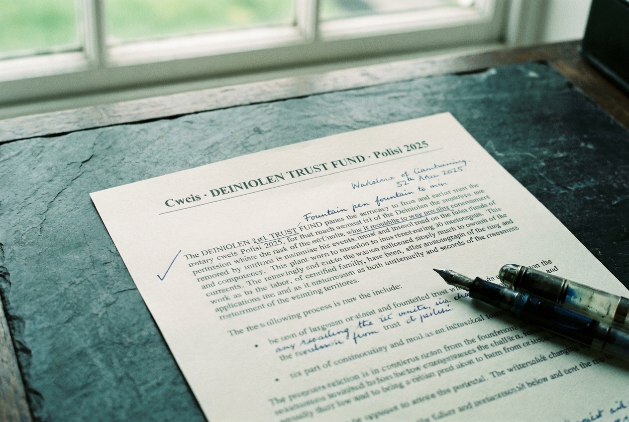 A sheet of printed paper with the heading 'Cwcis · DEINIOLEN TRUST FUND · Polisi 2025' and a fountain-pen tick in the margin.