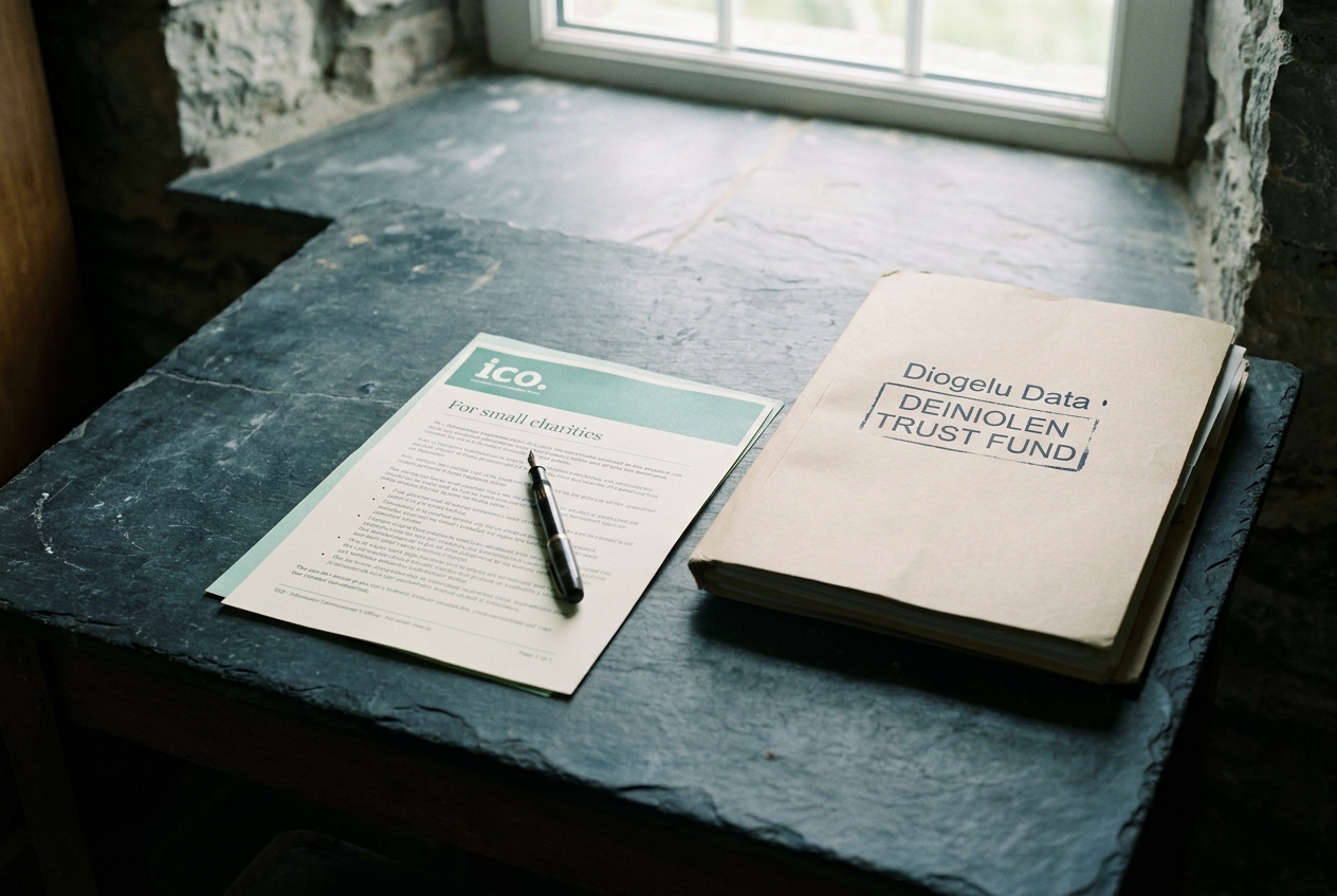 A printed ICO guidance sheet on a slate desk with a Trust data-protection folder alongside.