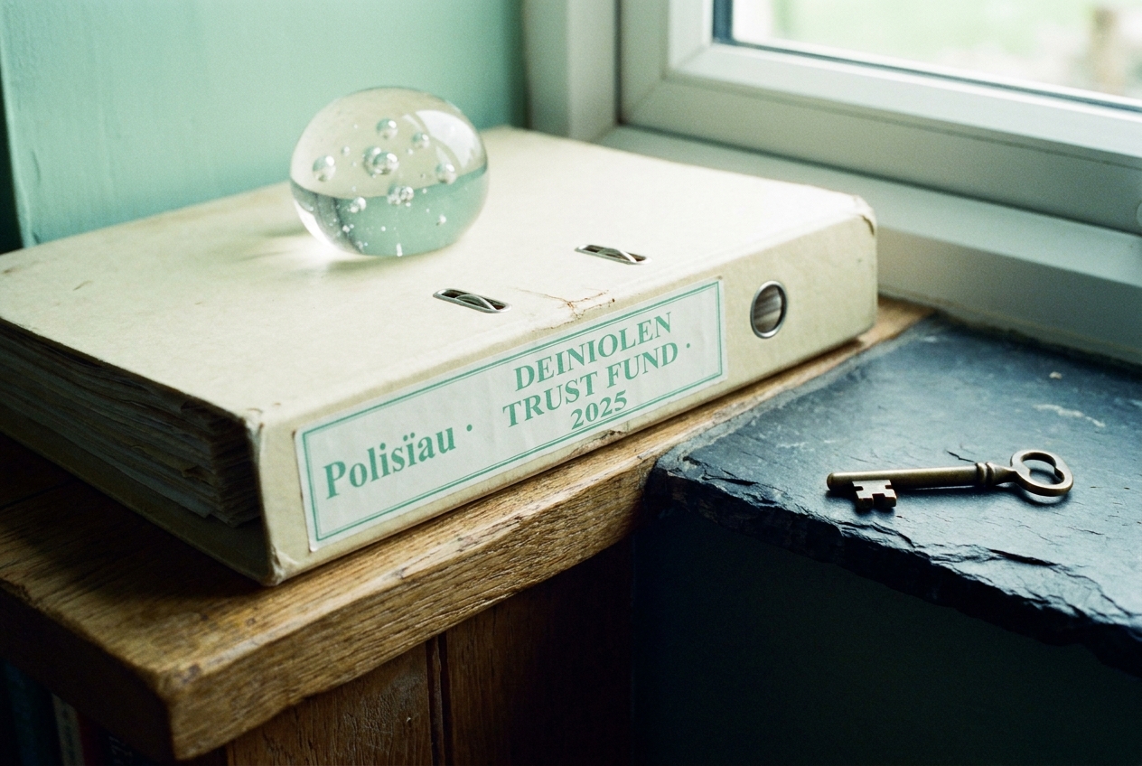 The policy folder on an oak shelf in the Memorial Hall.