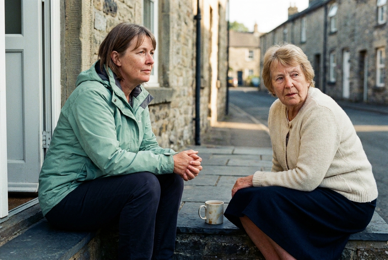 A trustee and an older Welsh woman sitting together on a slate doorstep in Deiniolen, listening.