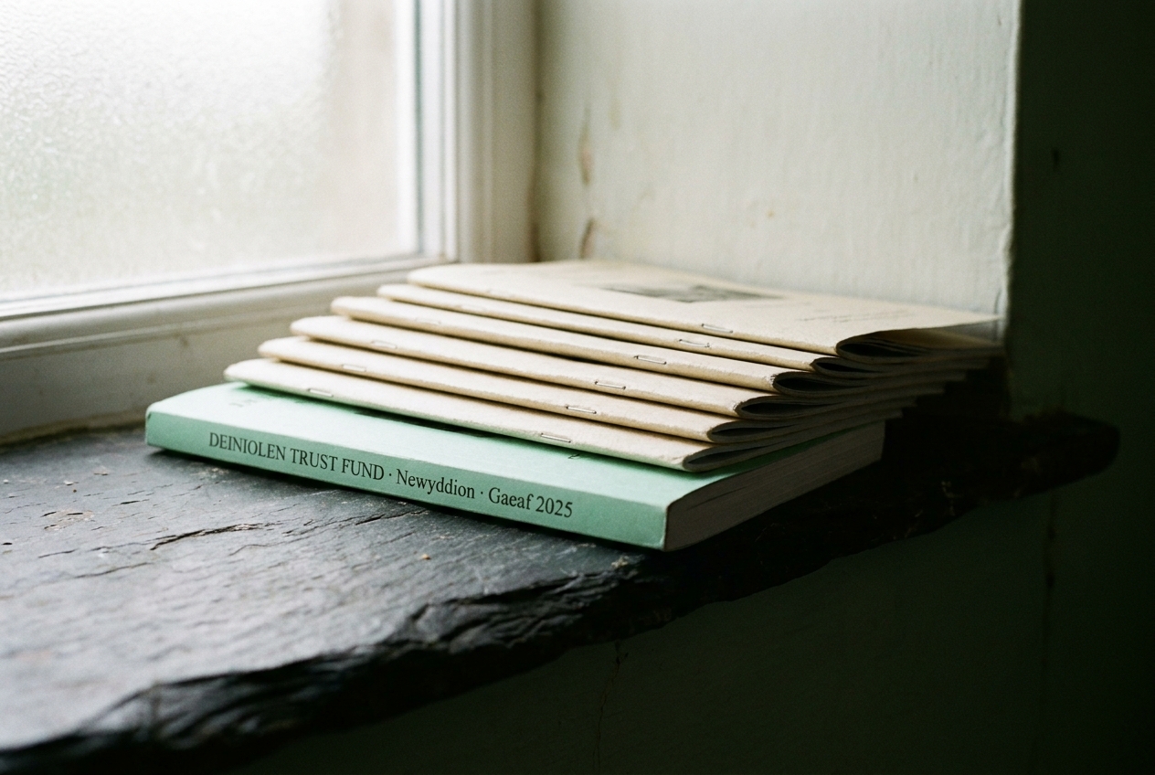 A slate shelf with seven quarterly dispatches stapled into card covers.