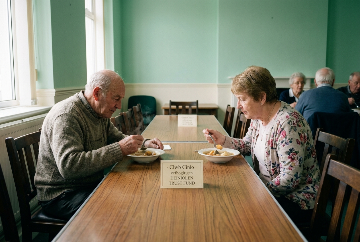An older man and woman seated at a long table at the Friday Lunch Club in Deiniolen.