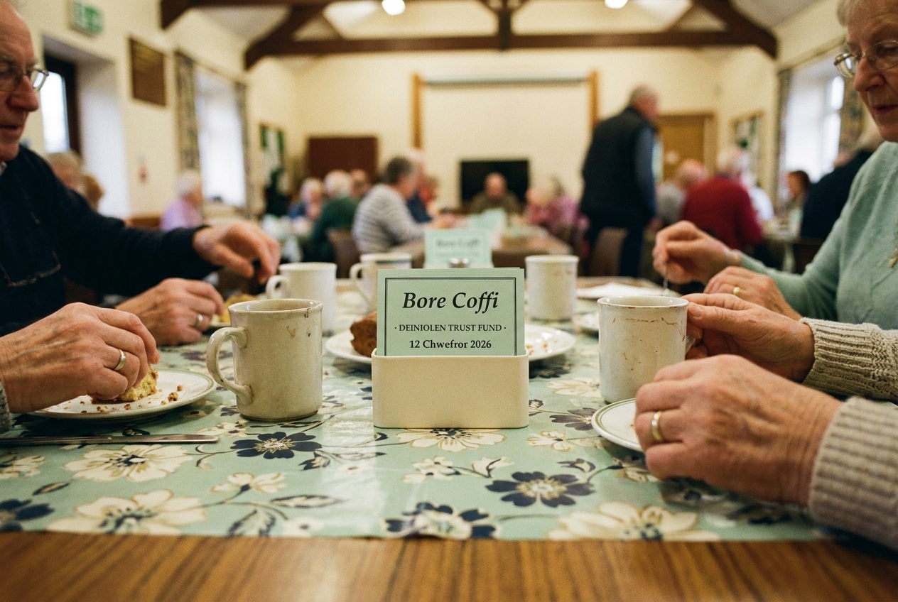 Mugs and cake plates on floral oilcloth at a coffee morning in Deiniolen Memorial Hall.