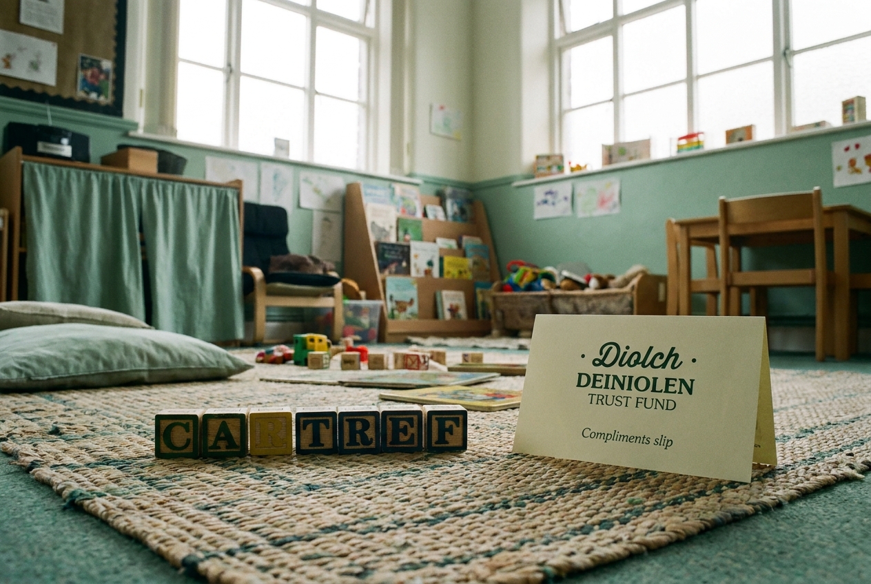 Wooden alphabet blocks spelling CARTREF on a play-mat in the cylch meithrin.