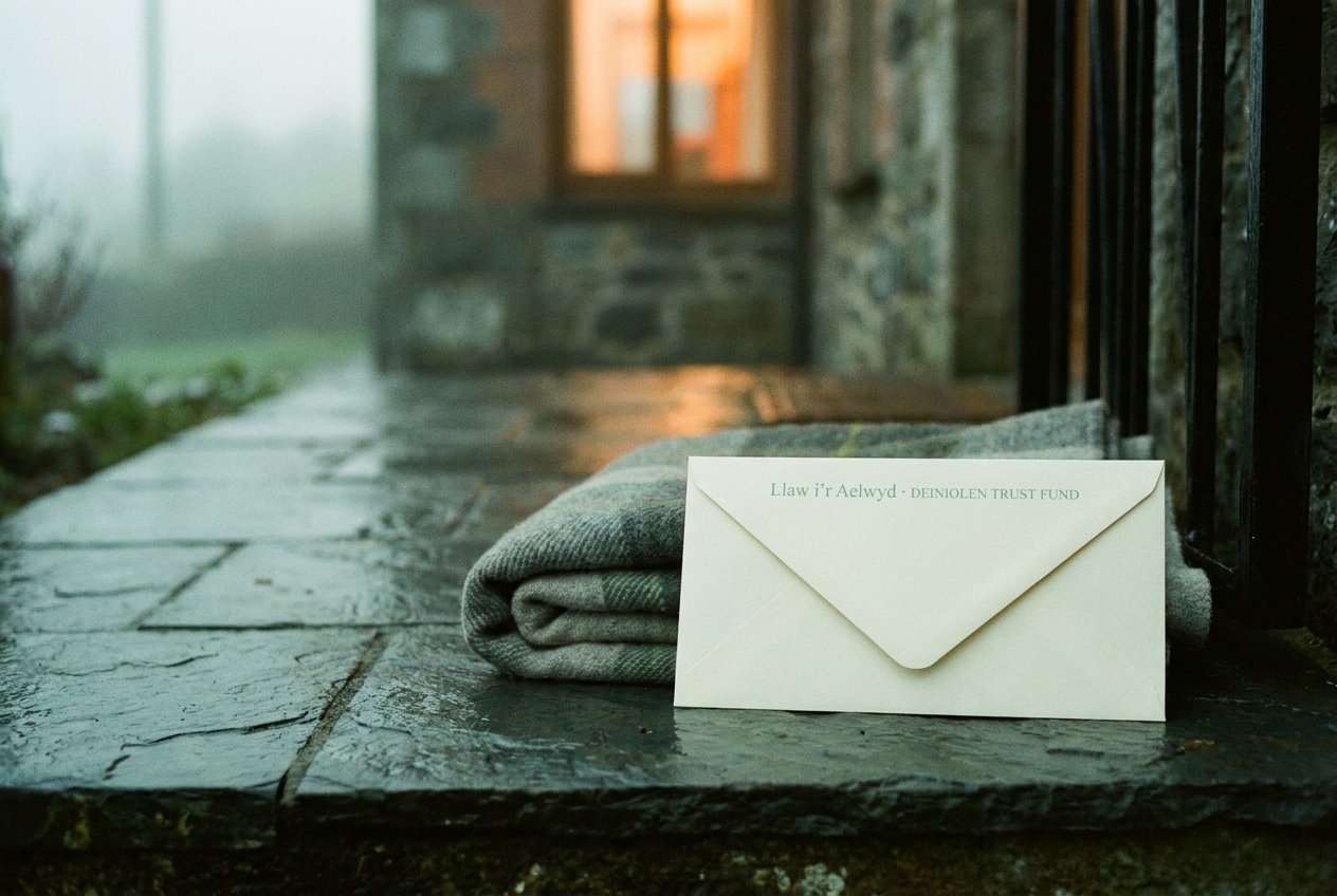 A folded blanket and a sealed envelope on a slate doorstep in Deiniolen.