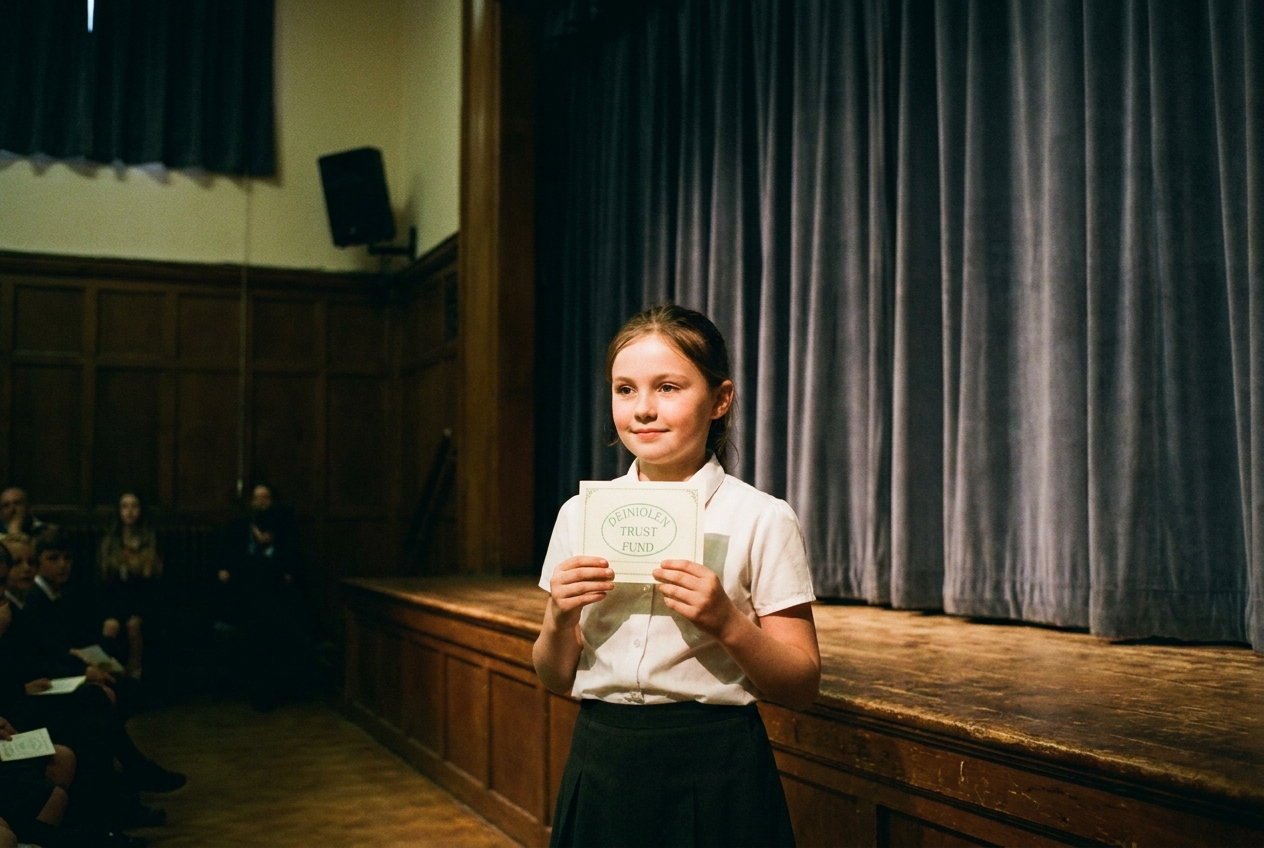 A young schoolgirl on stage at the Eisteddfod in Deiniolen Memorial Hall with a stamped certificate.