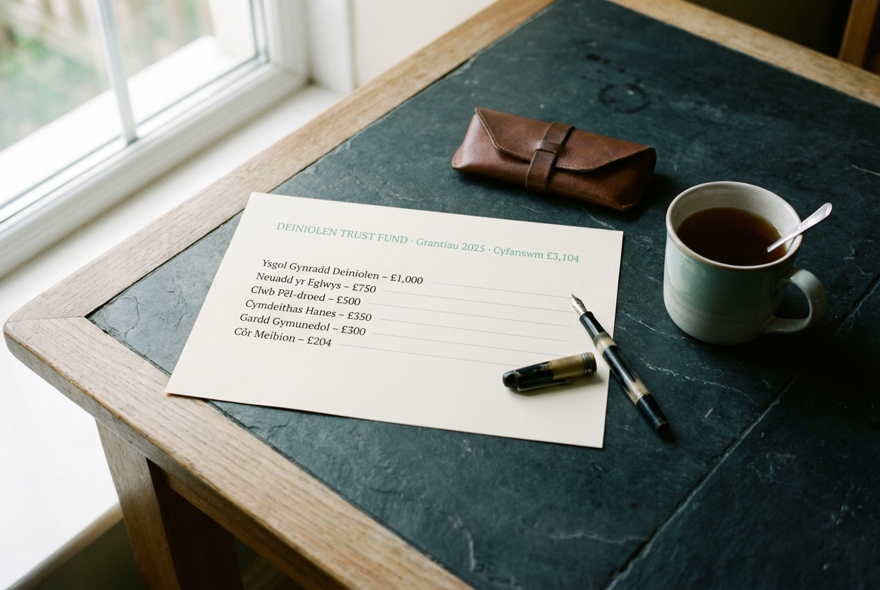 Printed summary sheet of awarded grants on a slate kitchen table.