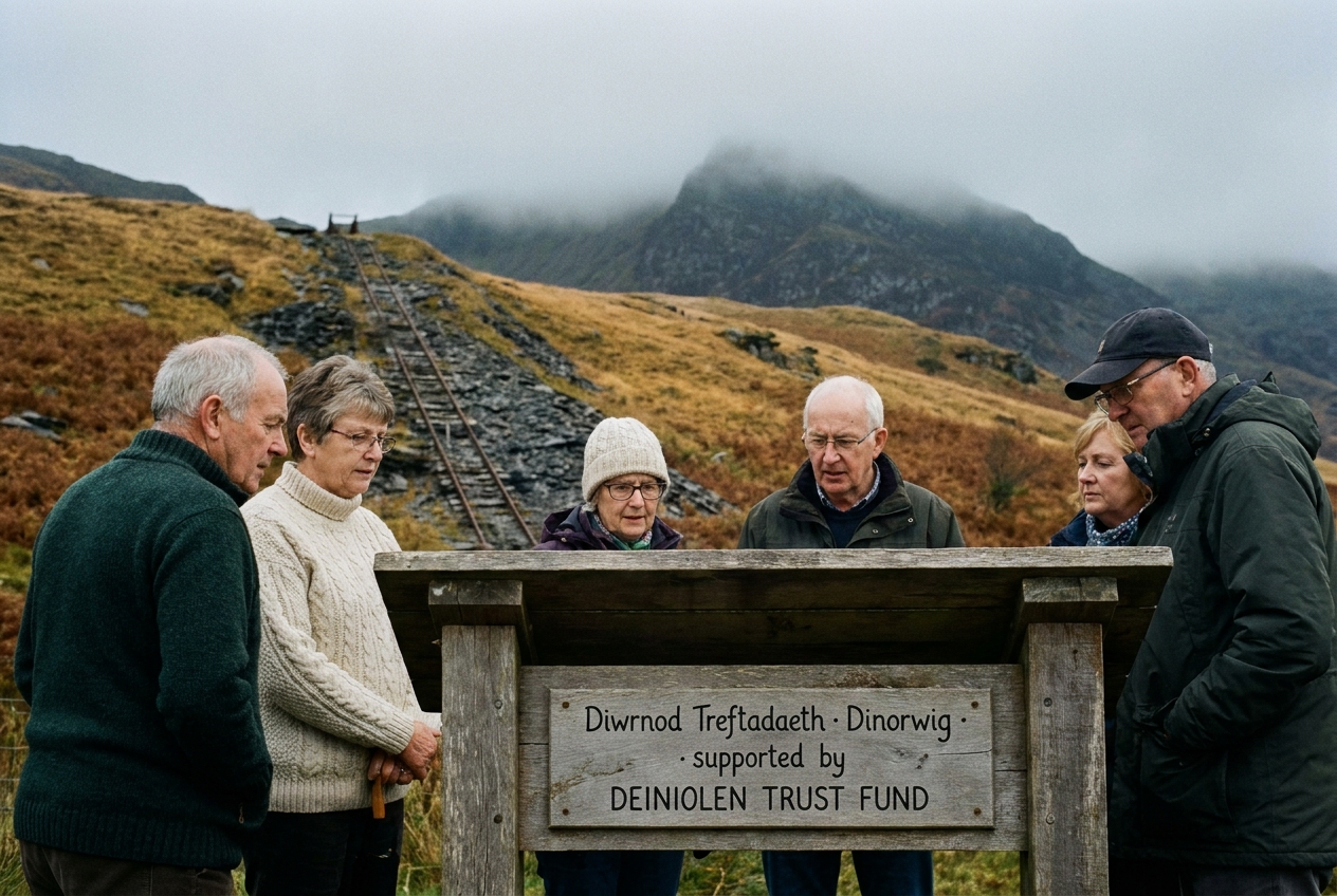 Villagers gathered at the foot of an old slate quarry incline above Deiniolen on an autumn afternoon.